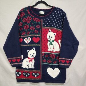 90's Basic Editions Kitty Cat Hearts Roses Knit Tunic Sweater Cottagecore Medium